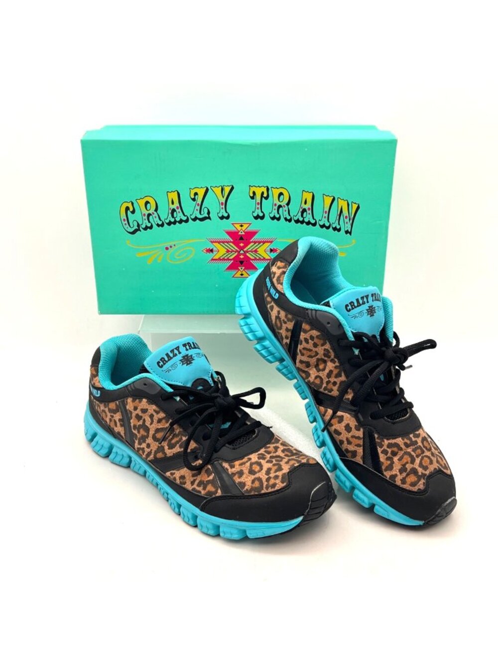 Crazy Train Womens Run Wild 14 Leopard Print Sneakers Shoes Size 11 Black & Teal